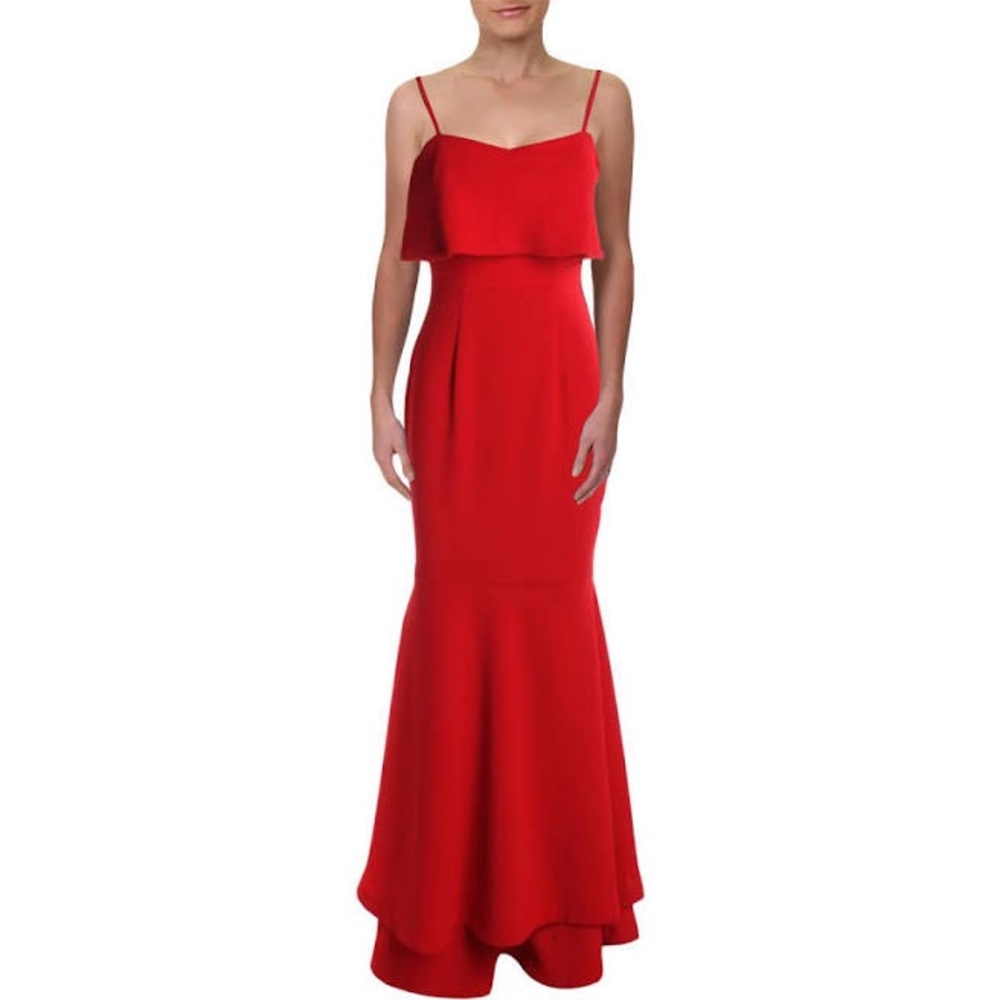 Aqua Red Crepe Tiered Popover Mermaid Formal Dress
